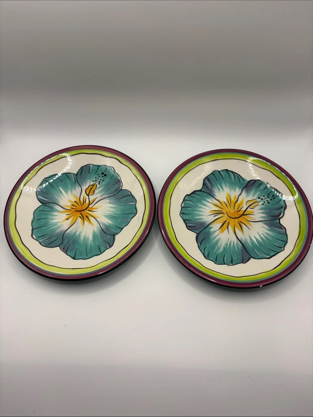 Hand-Painted Floral Ceramic Salad Plate Set - Turquoise & Yellow